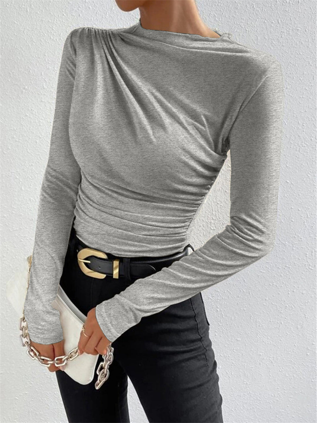 Ravishing black long sleeve shirt made from high stretch jersey fabric featuring stylish ruching detail for a flattering fit. - 3
