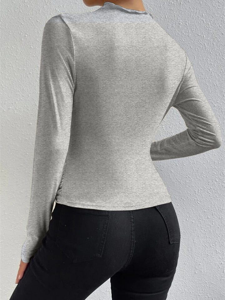 Ravishing black long sleeve shirt made from high stretch jersey fabric featuring stylish ruching detail for a flattering fit. - 4
