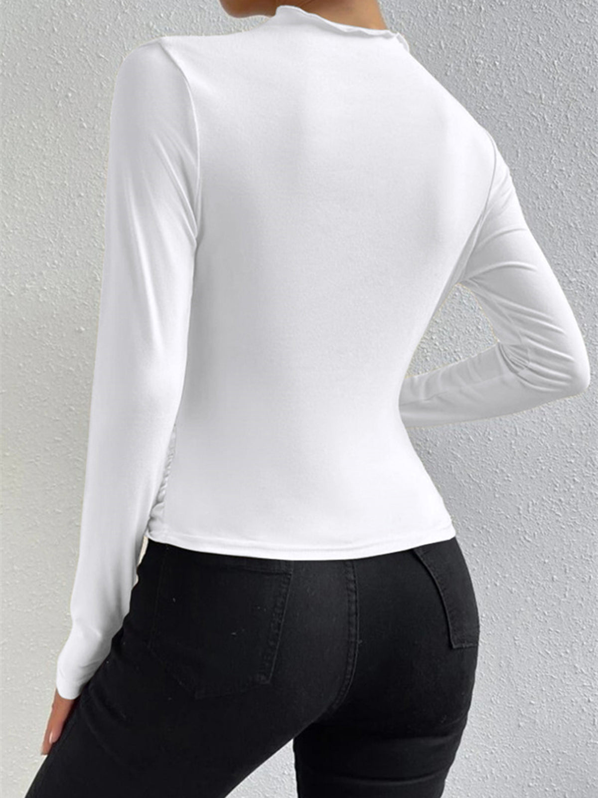 Ravishing black long sleeve shirt made from high stretch jersey fabric featuring stylish ruching detail for a flattering fit. - 7