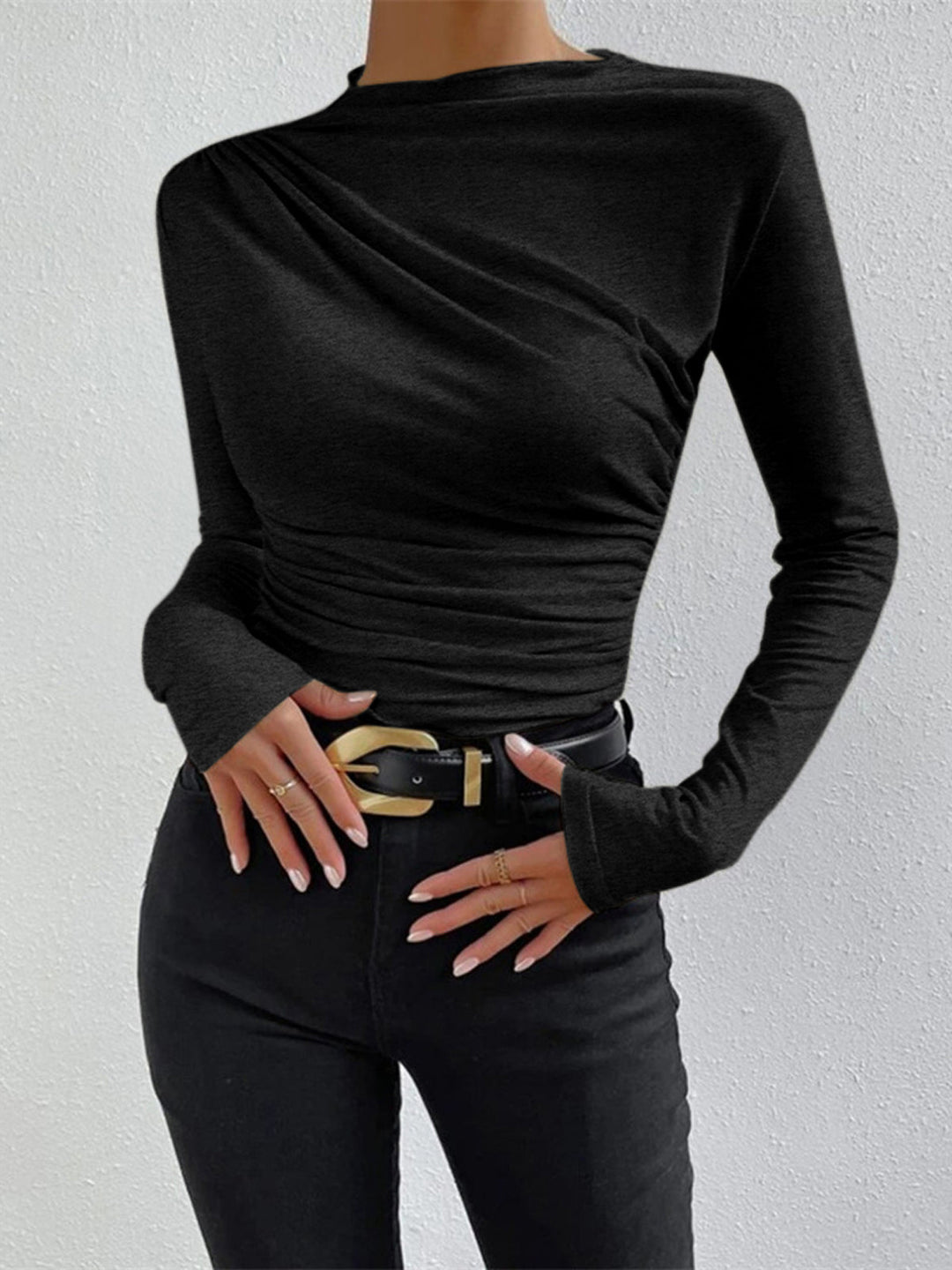 Ravishing black long sleeve shirt made from high stretch jersey fabric featuring stylish ruching detail for a flattering fit. - 8