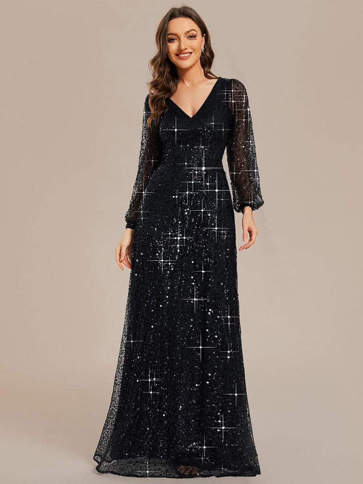 Rayven Evening Dress | V-Neck Sequin A-Line Black Formal Gown 2