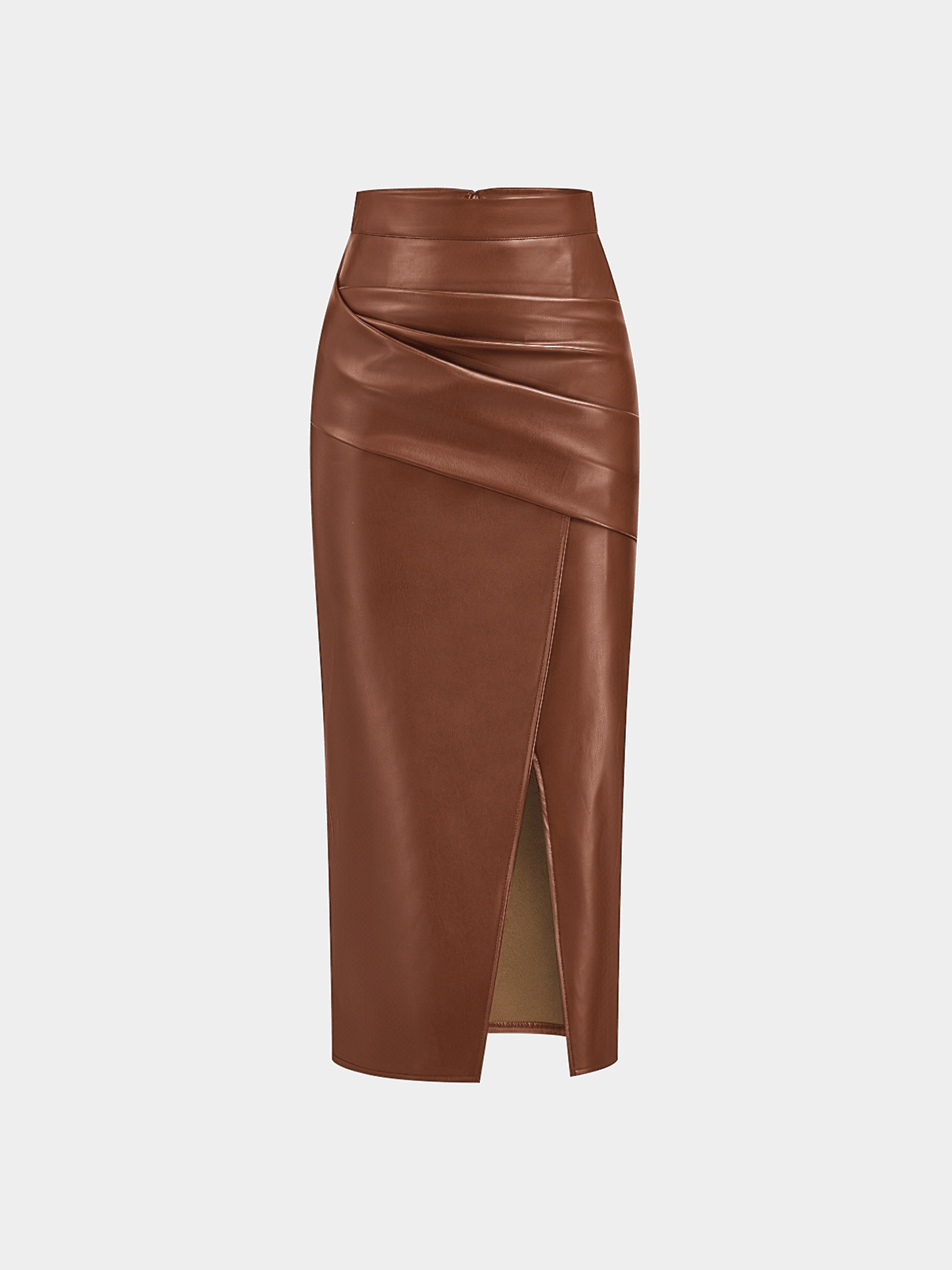 Riva Midi Skirt | Ruched Slit Faux Leather for Women 10