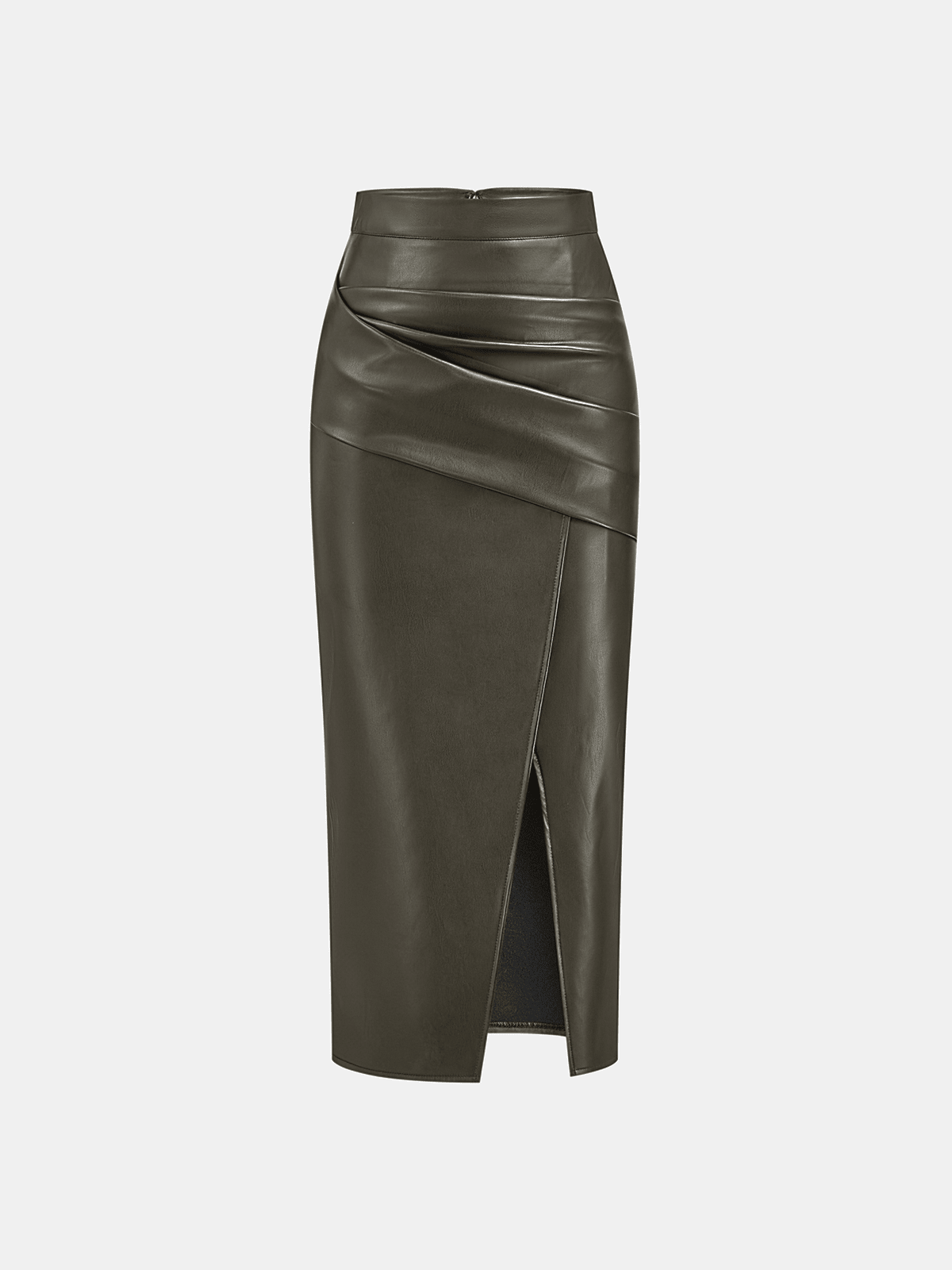 Riva Midi Skirt | Ruched Slit Faux Leather for Women 11