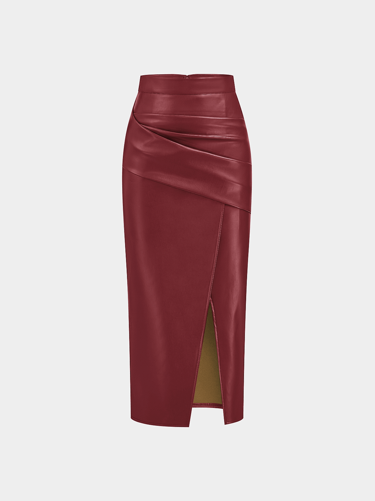 Riva Midi Skirt | Ruched Slit Faux Leather for Women 12