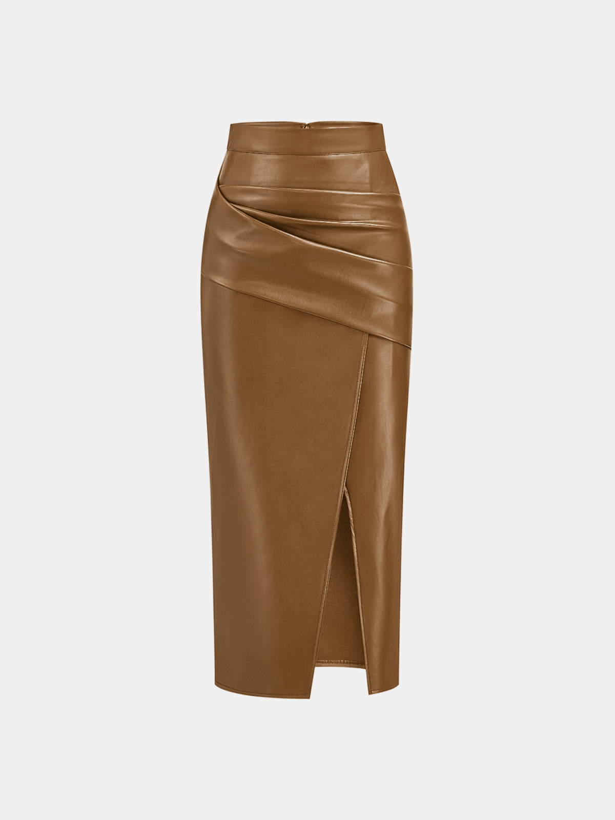 Riva Midi Skirt | Ruched Slit Faux Leather for Women 13