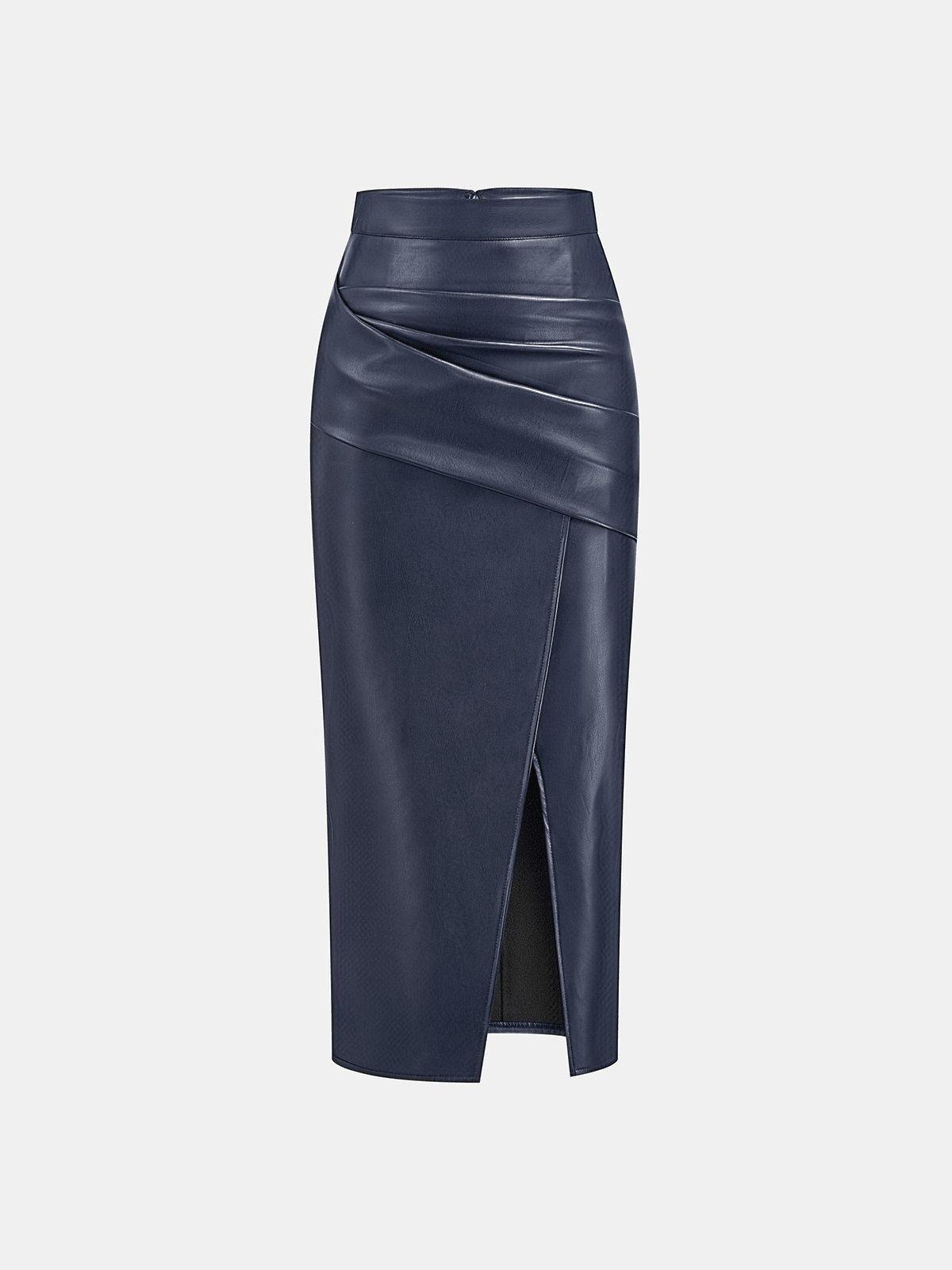 Riva Midi Skirt | Ruched Slit Faux Leather for Women 9