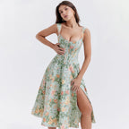 Mira Floral Midi Dress | Cotton, Corset-Inspired, High Slit, Wedding Guest & Summer Dresses - 10