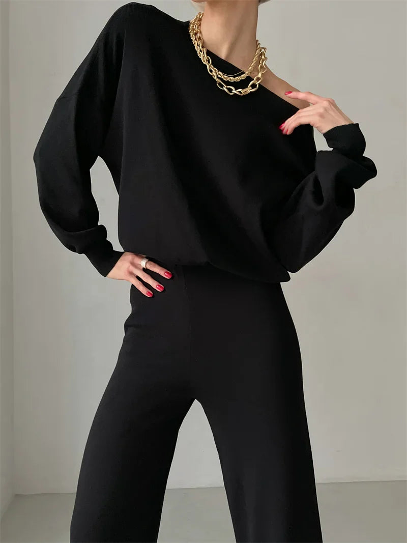 Luxe Eleganza Loungewear Set featuring an ultra-soft knit fabric and stylish off-shoulder design, perfect for comfort and relaxation at home - 10