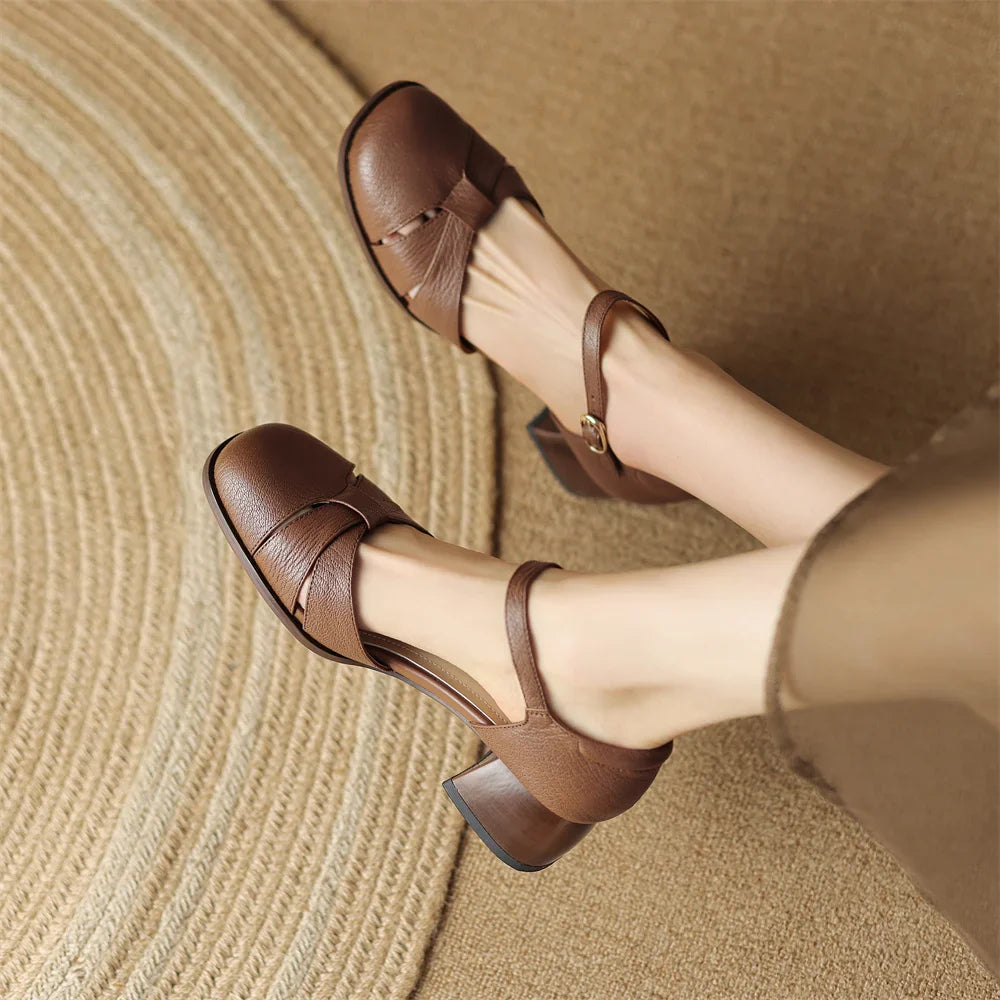 Felice | Leather Braided Ankle Strap Mid Heel Pumps