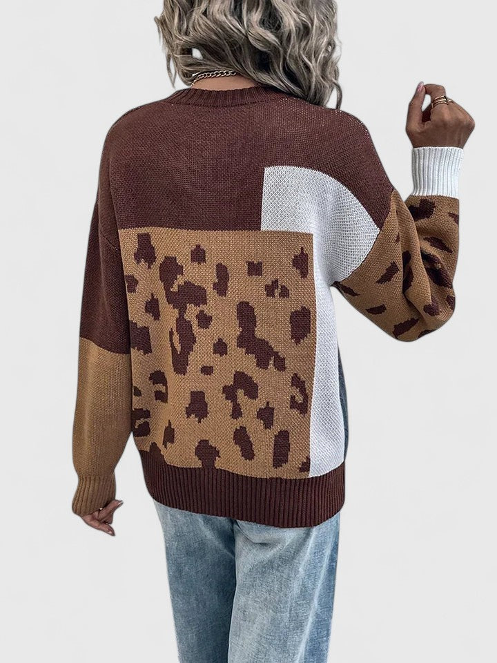 Women's Knit Sweater, Leopard Patchwork Print, Loose Fit, Black or Brown