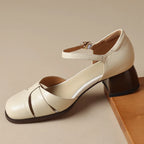 Felice | Leather Braided Ankle Strap Mid Heel Pumps