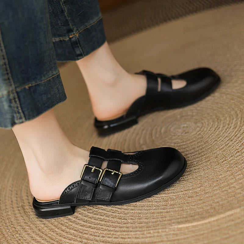 Theodora Mule Heels featuring soft leather material and a comfortable block heel, perfect for stylish and easy wear. - 34