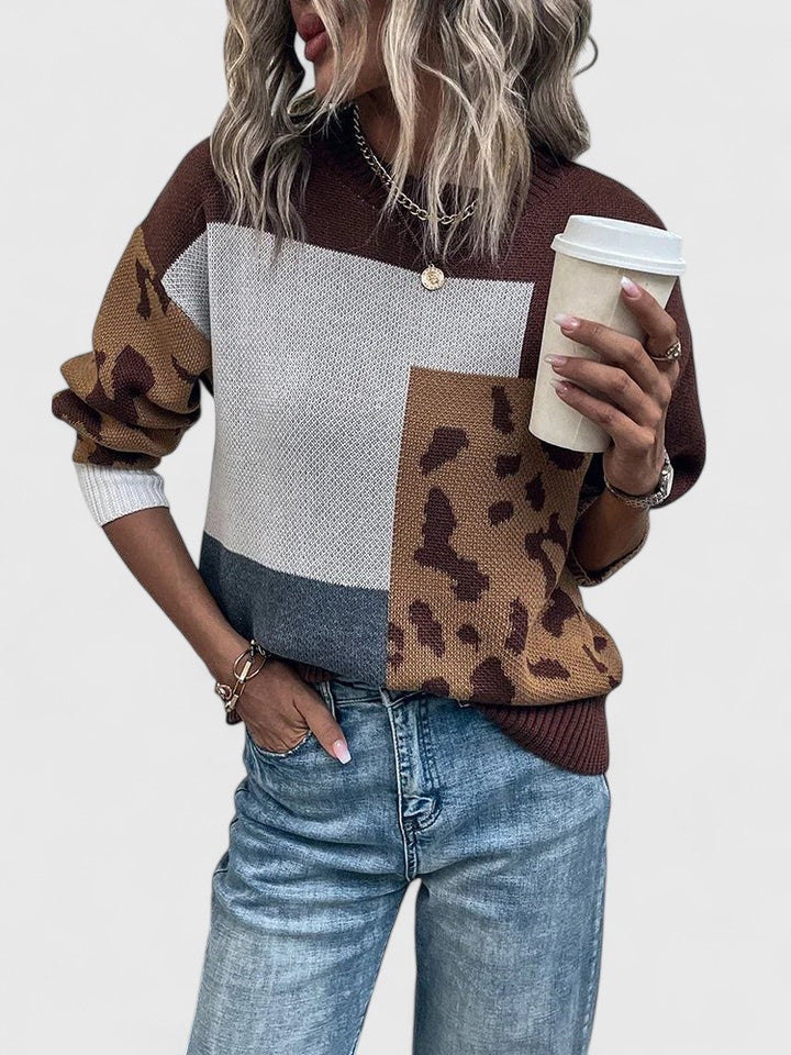 Women's Knit Sweater, Leopard Patchwork Print, Loose Fit, Black or Brown