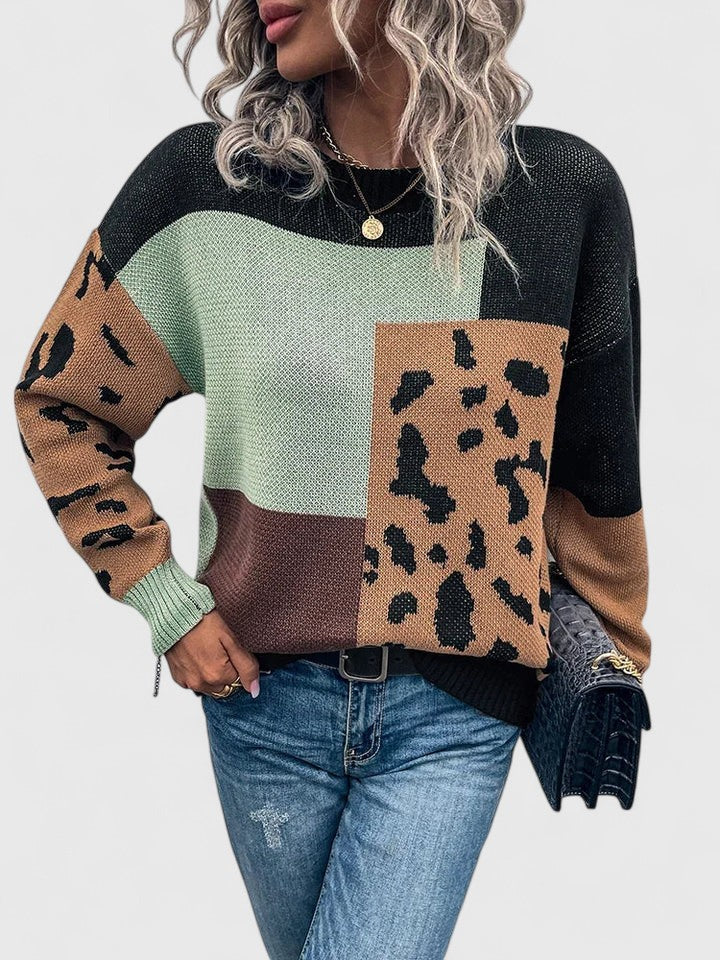 Women's Knit Sweater, Leopard Patchwork Print, Loose Fit, Black or Brown