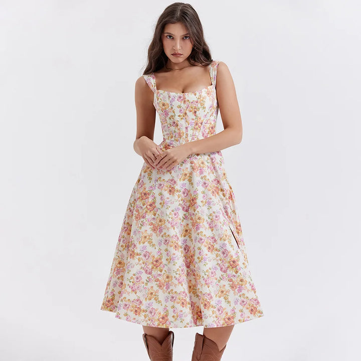 Mira Floral Midi Dress | Cotton, Corset-Inspired, High Slit, Wedding Guest & Summer Dresses - 18