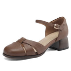 Felice | Leather Braided Ankle Strap Mid Heel Pumps