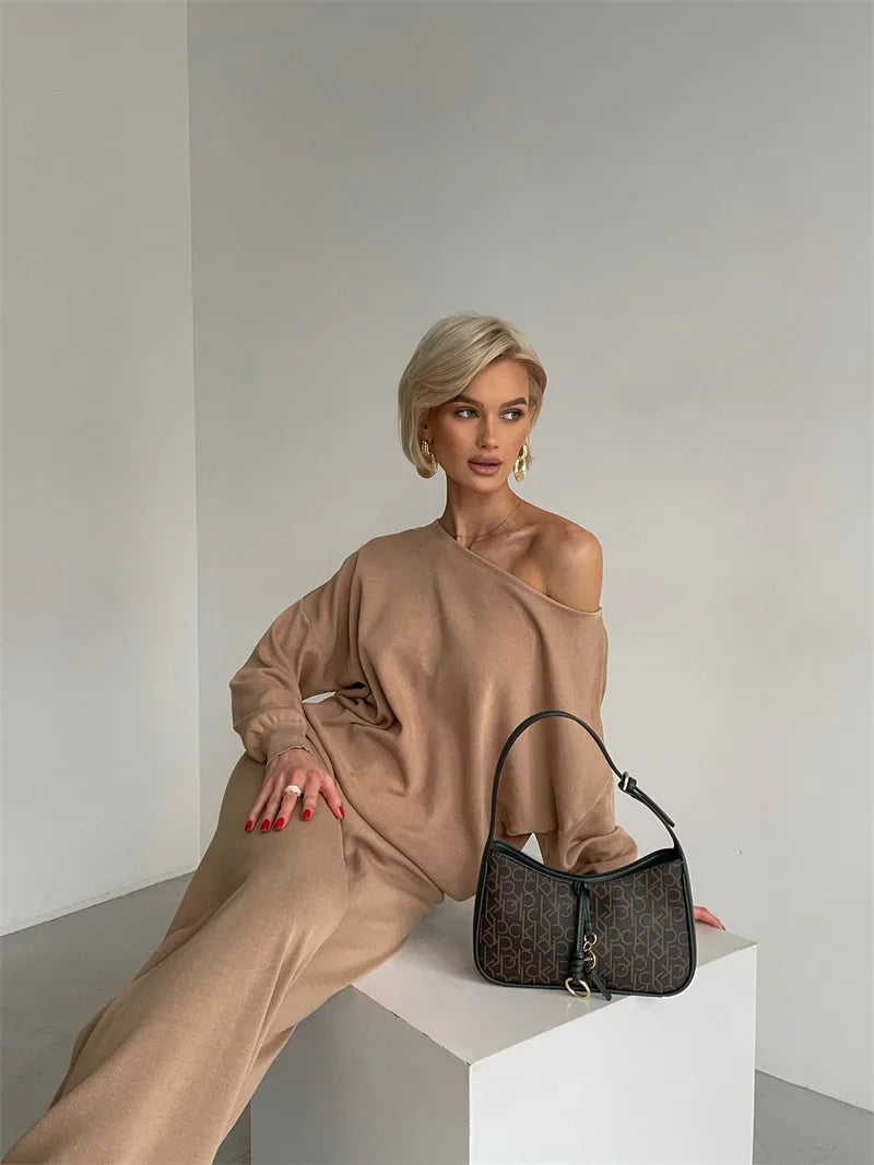 Luxe Eleganza Loungewear Set featuring an ultra-soft knit fabric and stylish off-shoulder design, perfect for comfort and relaxation at home - 22