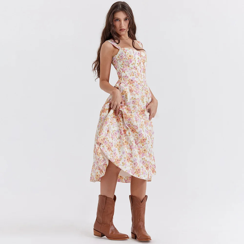 Mira Floral Midi Dress | Cotton, Corset-Inspired, High Slit, Wedding Guest & Summer Dresses - 13