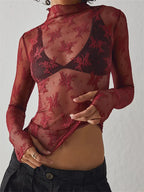 Liana Floral Lace Top featuring a high-neck and intricate mesh design, perfect for a stylish and elegant look. - 1