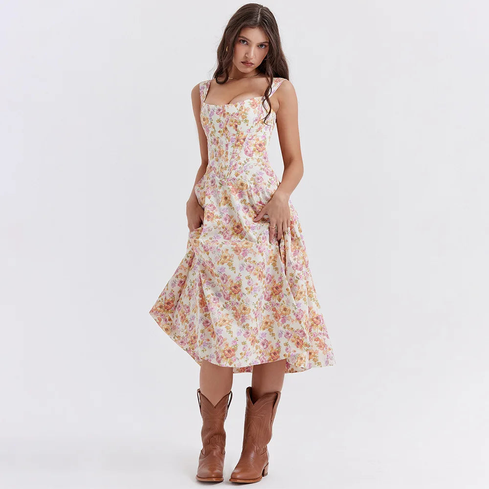 Mira Floral Midi Dress | Cotton, Corset-Inspired, High Slit, Wedding Guest & Summer Dresses - 11