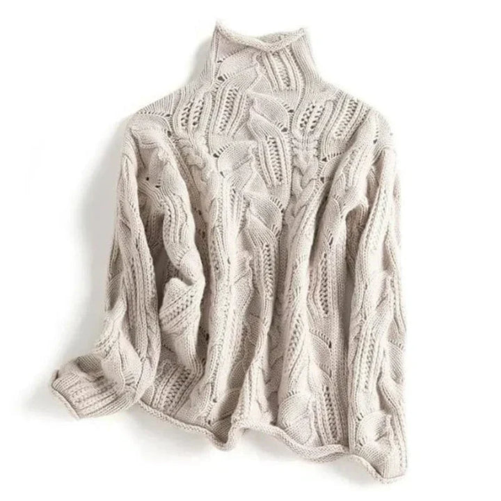 Women's Braided-Knit Turtleneck Sweater, Rope Texture, Beige or Blue
