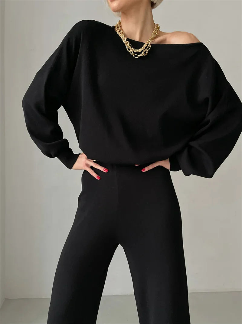 Luxe Eleganza Loungewear Set featuring an ultra-soft knit fabric and stylish off-shoulder design, perfect for comfort and relaxation at home - 2