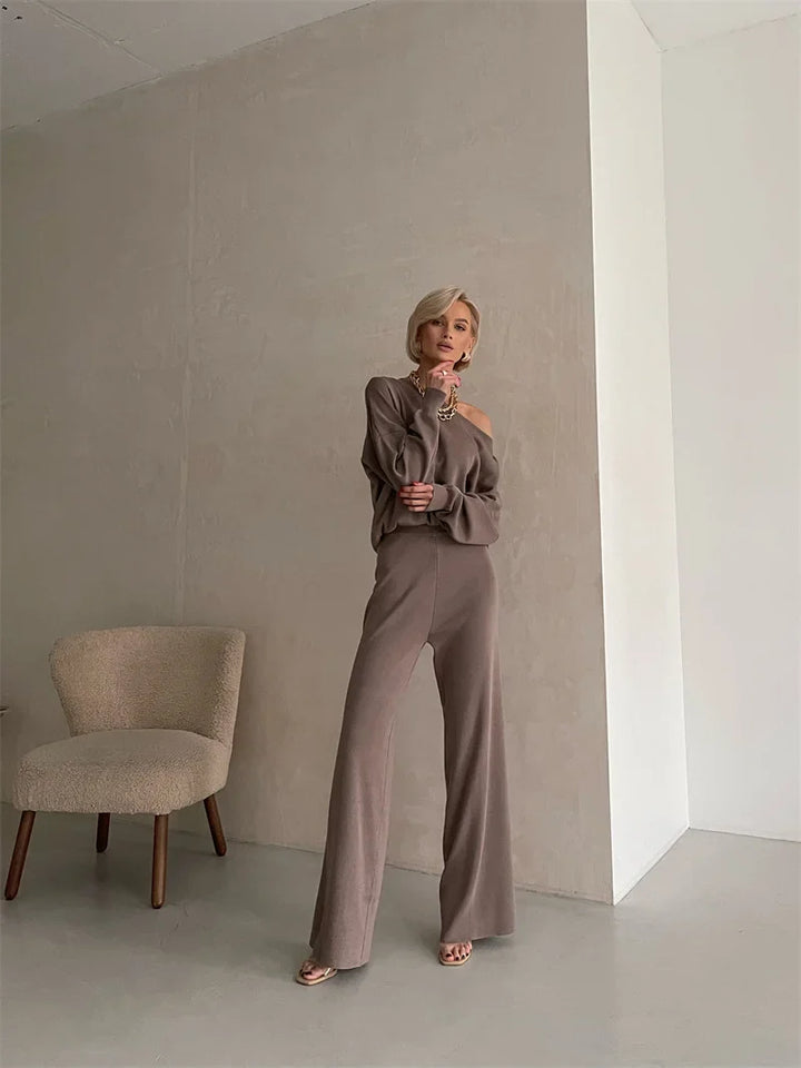 Luxe Eleganza Loungewear Set featuring an ultra-soft knit fabric and stylish off-shoulder design, perfect for comfort and relaxation at home - 9