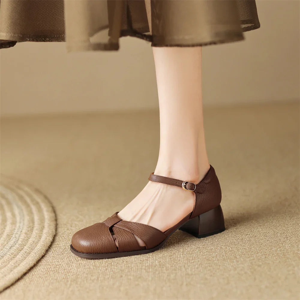 Felice | Leather Braided Ankle Strap Mid Heel Pumps