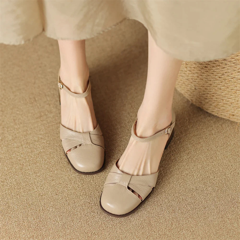 Felice | Leather Braided Ankle Strap Mid Heel Pumps