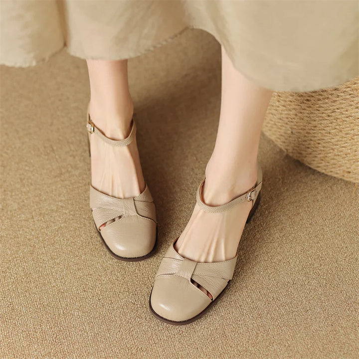 Felice | Leather Braided Ankle Strap Mid Heel Pumps