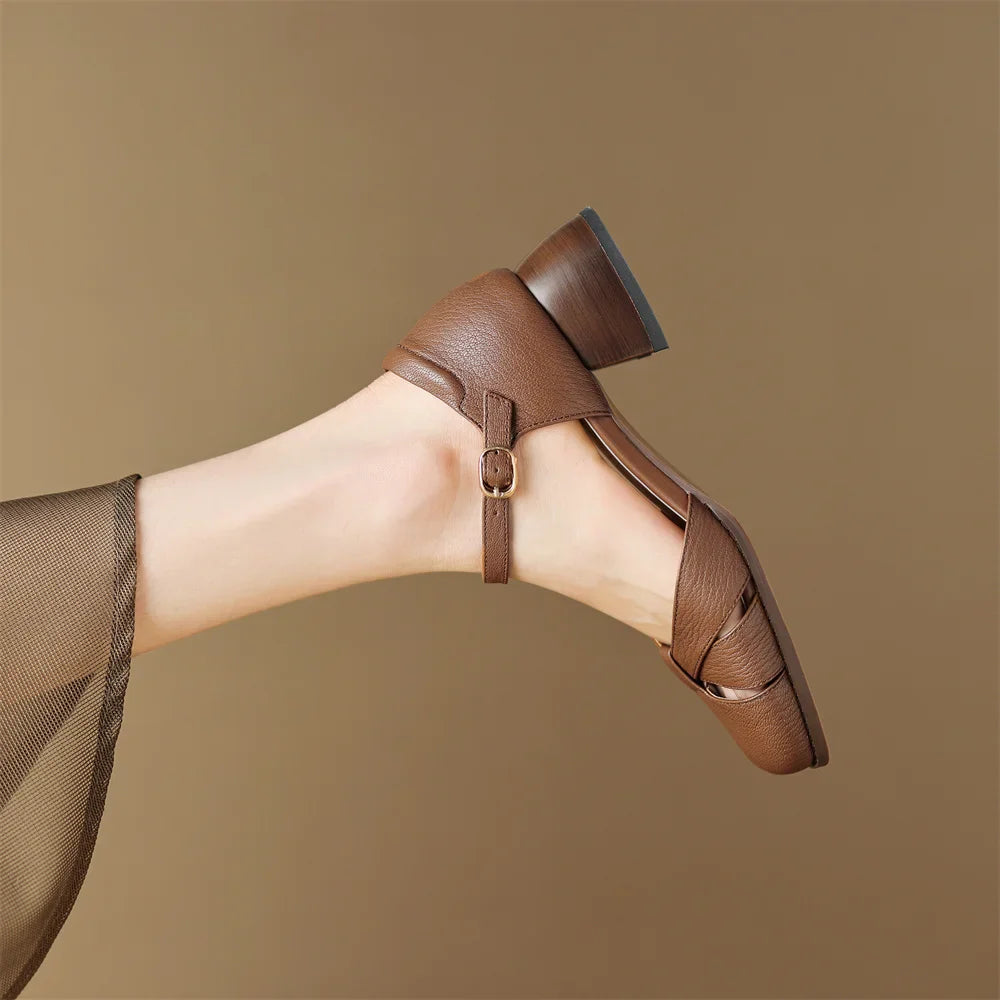 Felice | Leather Braided Ankle Strap Mid Heel Pumps