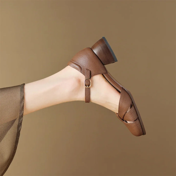 Felice | Leather Braided Ankle Strap Mid Heel Pumps