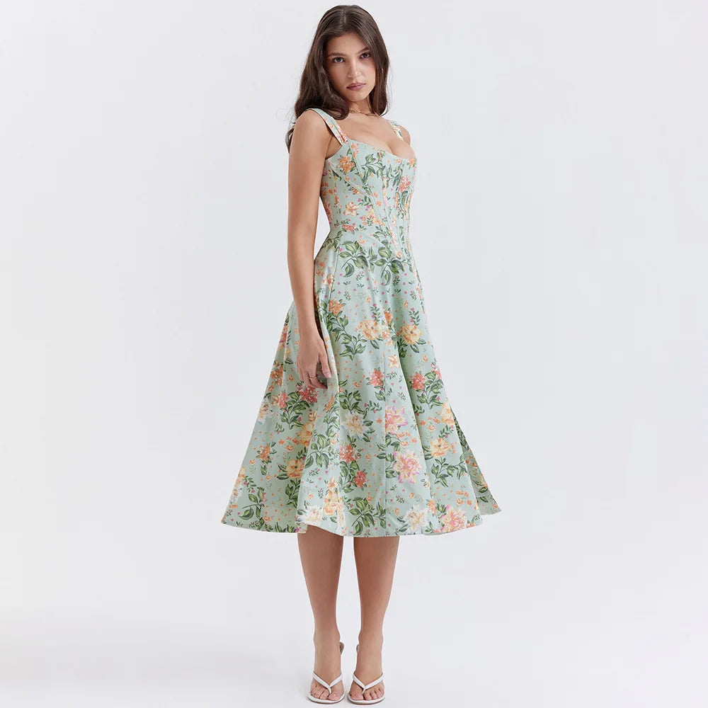 Mira Floral Midi Dress | Cotton, Corset-Inspired, High Slit, Wedding Guest & Summer Dresses - 7
