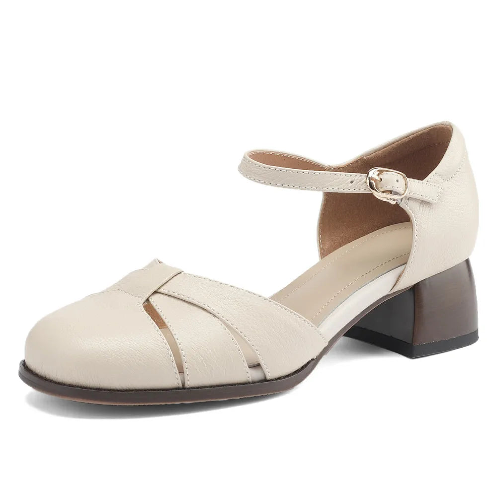 Felice | Leather Braided Ankle Strap Mid Heel Pumps