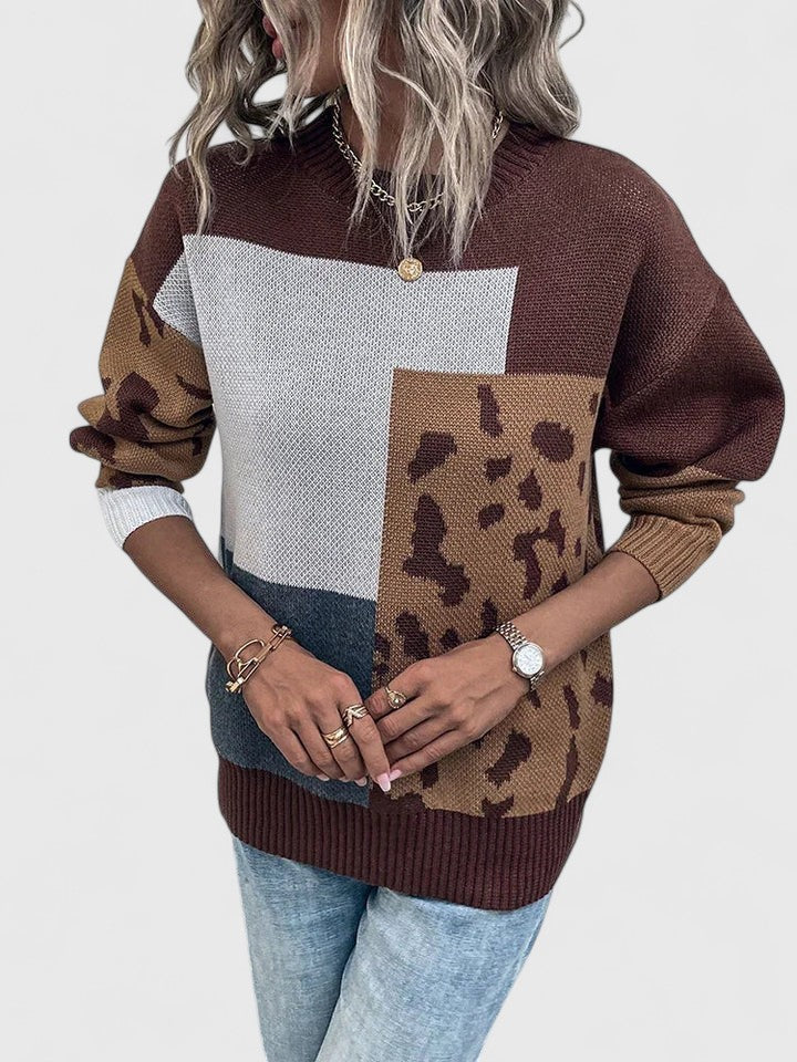 Women's Knit Sweater, Leopard Patchwork Print, Loose Fit, Black or Brown