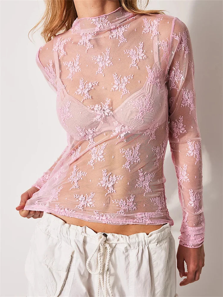 Liana Floral Lace Top featuring a high-neck and intricate mesh design, perfect for a stylish and elegant look. - 4