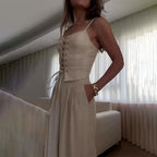 Brianna |  Lace-Up Top Wide Leg Pants Set