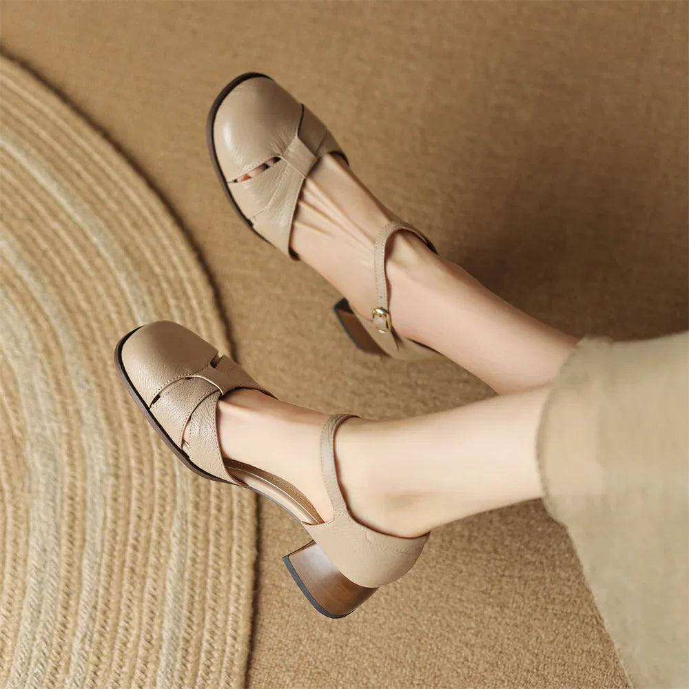 Felice | Leather Braided Ankle Strap Mid Heel Pumps