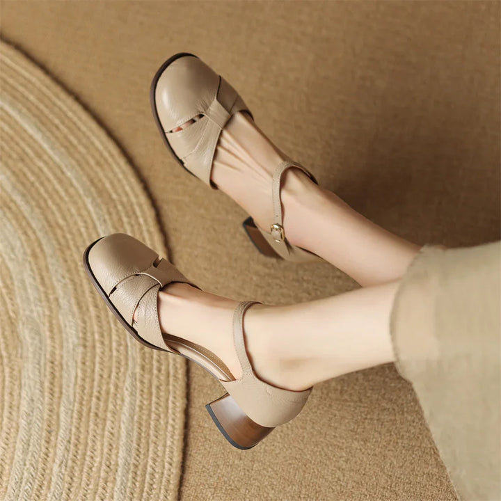 Felice | Leather Braided Ankle Strap Mid Heel Pumps