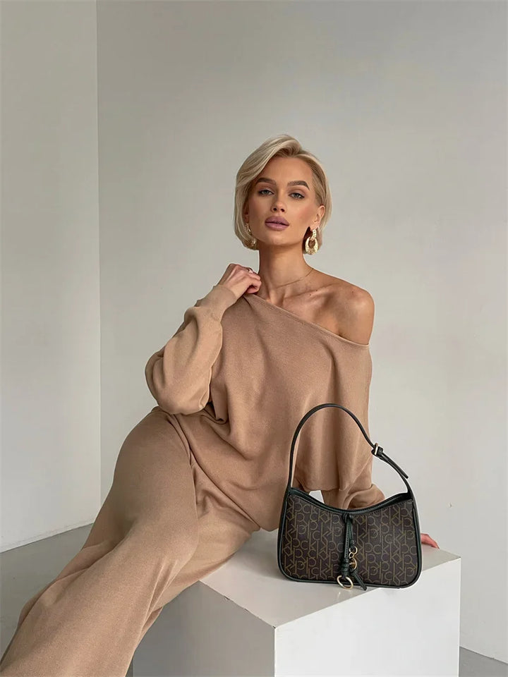 Luxe Eleganza Loungewear Set featuring an ultra-soft knit fabric and stylish off-shoulder design, perfect for comfort and relaxation at home - 21