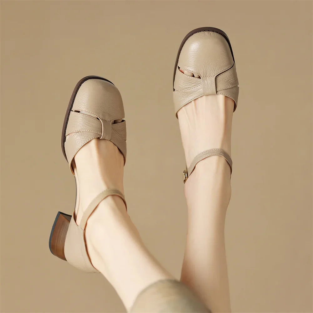 Felice | Leather Braided Ankle Strap Mid Heel Pumps