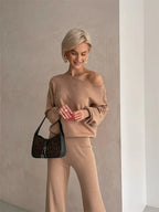Luxe Eleganza Loungewear Set featuring an ultra-soft knit fabric and stylish off-shoulder design, perfect for comfort and relaxation at home - 17