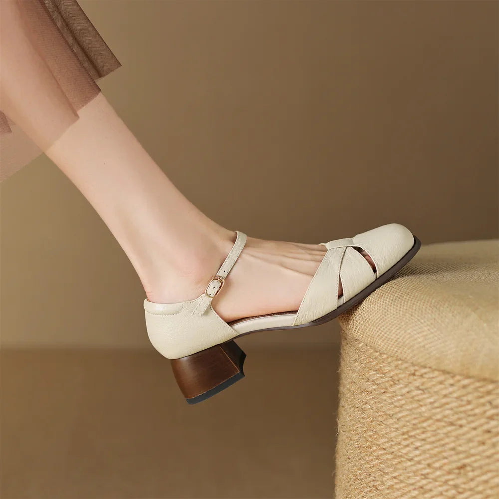 Felice | Leather Braided Ankle Strap Mid Heel Pumps