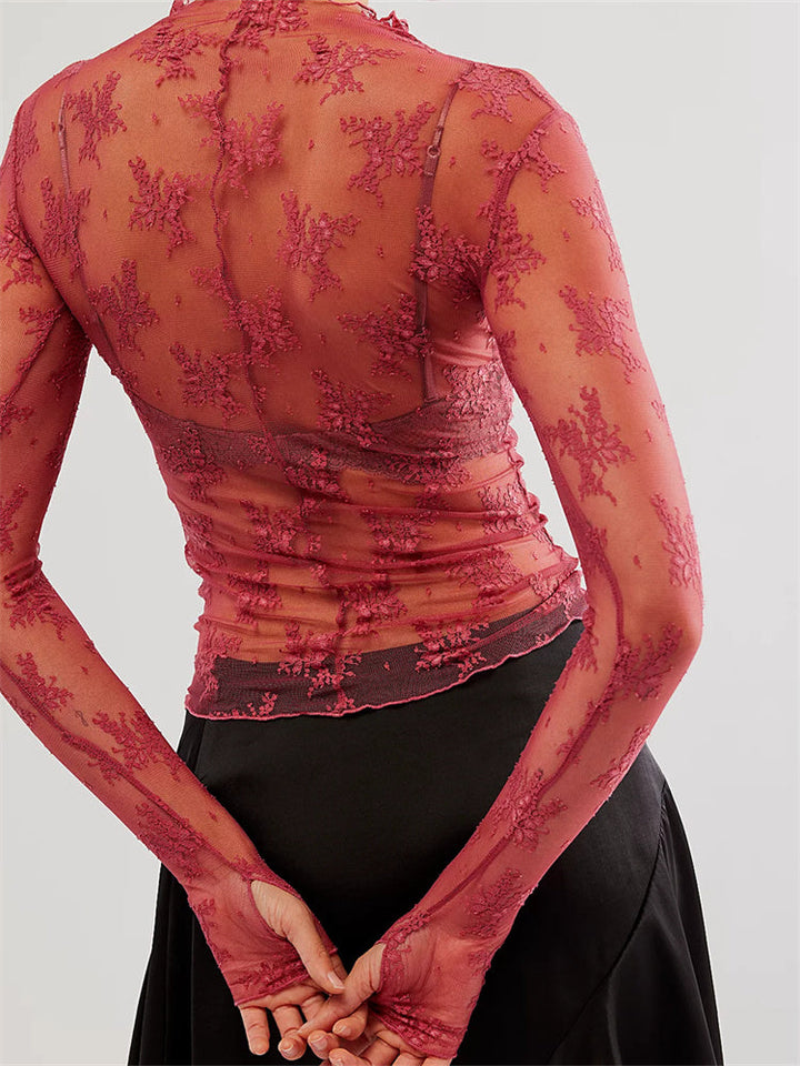 Liana Floral Lace Top featuring a high-neck and intricate mesh design, perfect for a stylish and elegant look. - 9