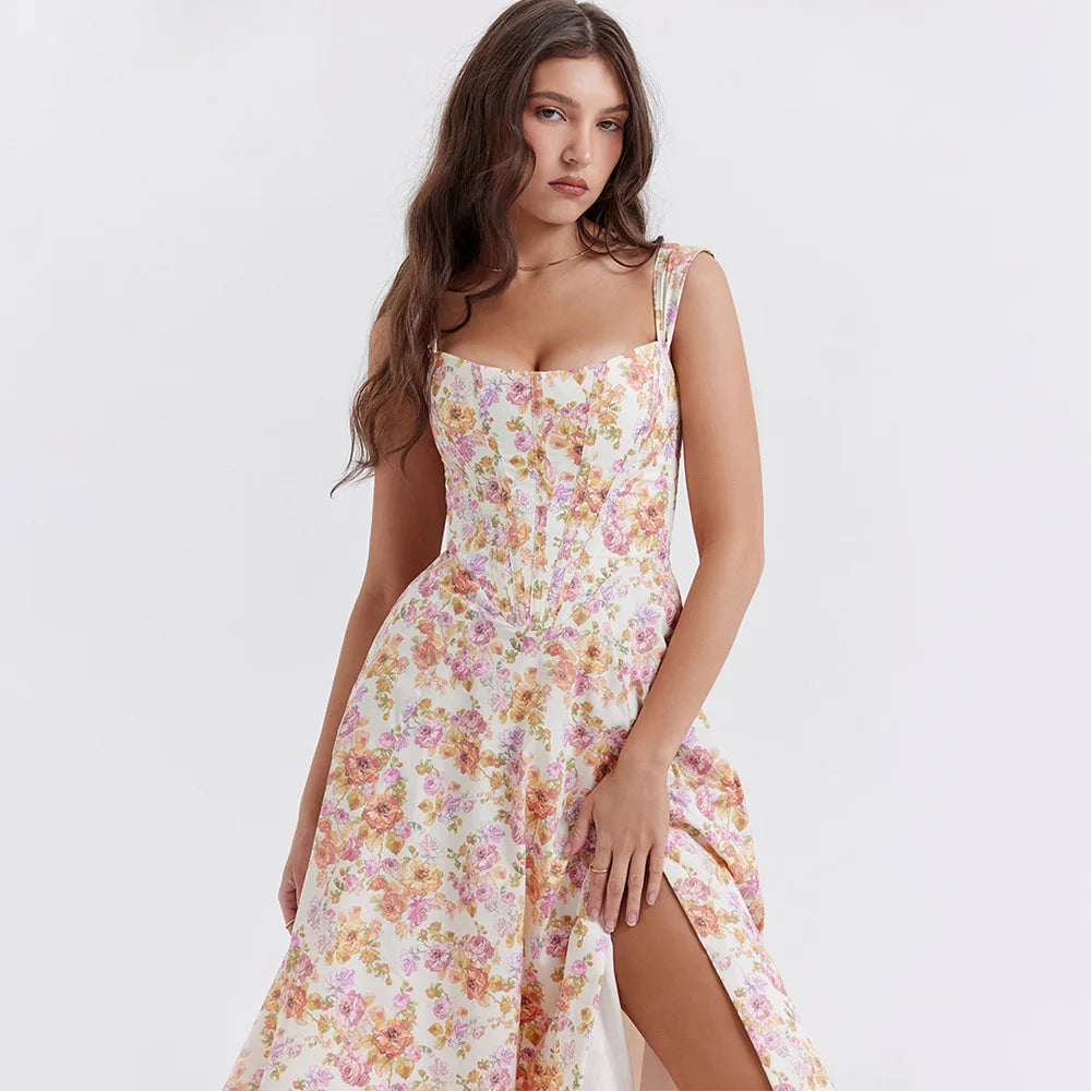 Mira Floral Midi Dress | Cotton, Corset-Inspired, High Slit, Wedding Guest & Summer Dresses - 19