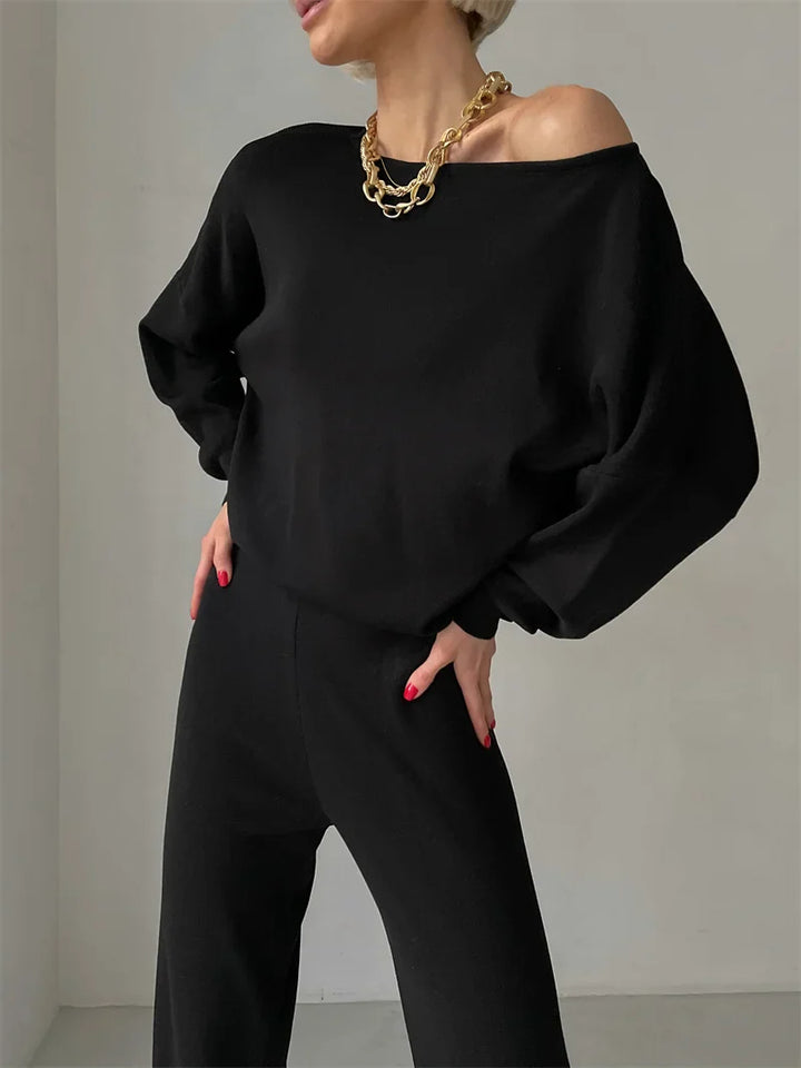 Luxe Eleganza Loungewear Set featuring an ultra-soft knit fabric and stylish off-shoulder design, perfect for comfort and relaxation at home - 11