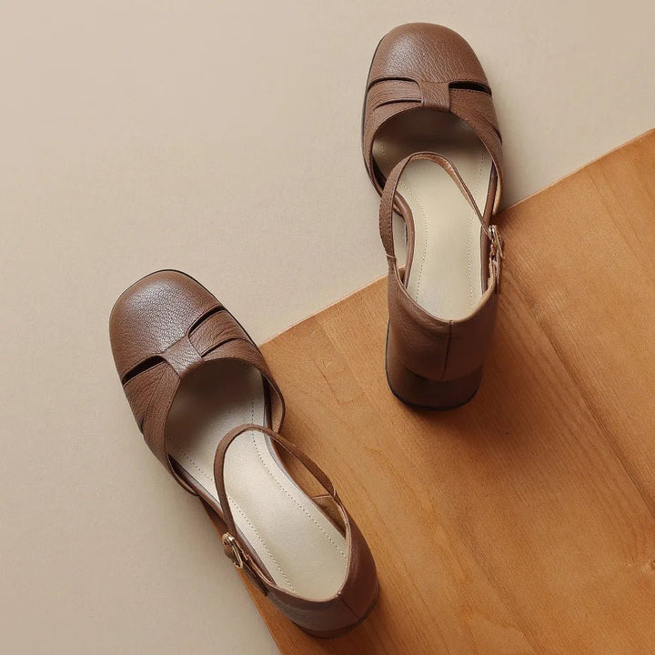Felice | Leather Braided Ankle Strap Mid Heel Pumps