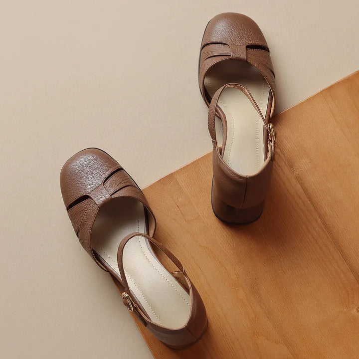 Felice | Leather Braided Ankle Strap Mid Heel Pumps