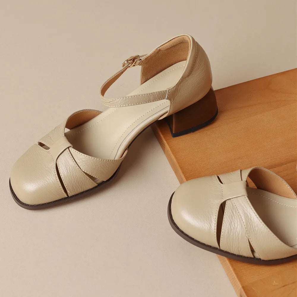 Felice | Leather Braided Ankle Strap Mid Heel Pumps