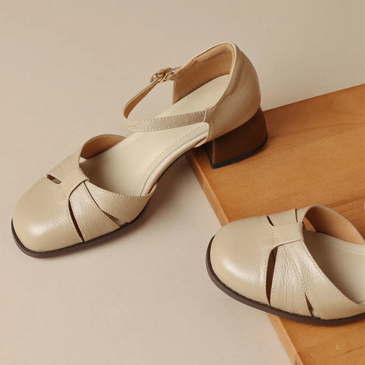 Felice | Leather Braided Ankle Strap Mid Heel Pumps